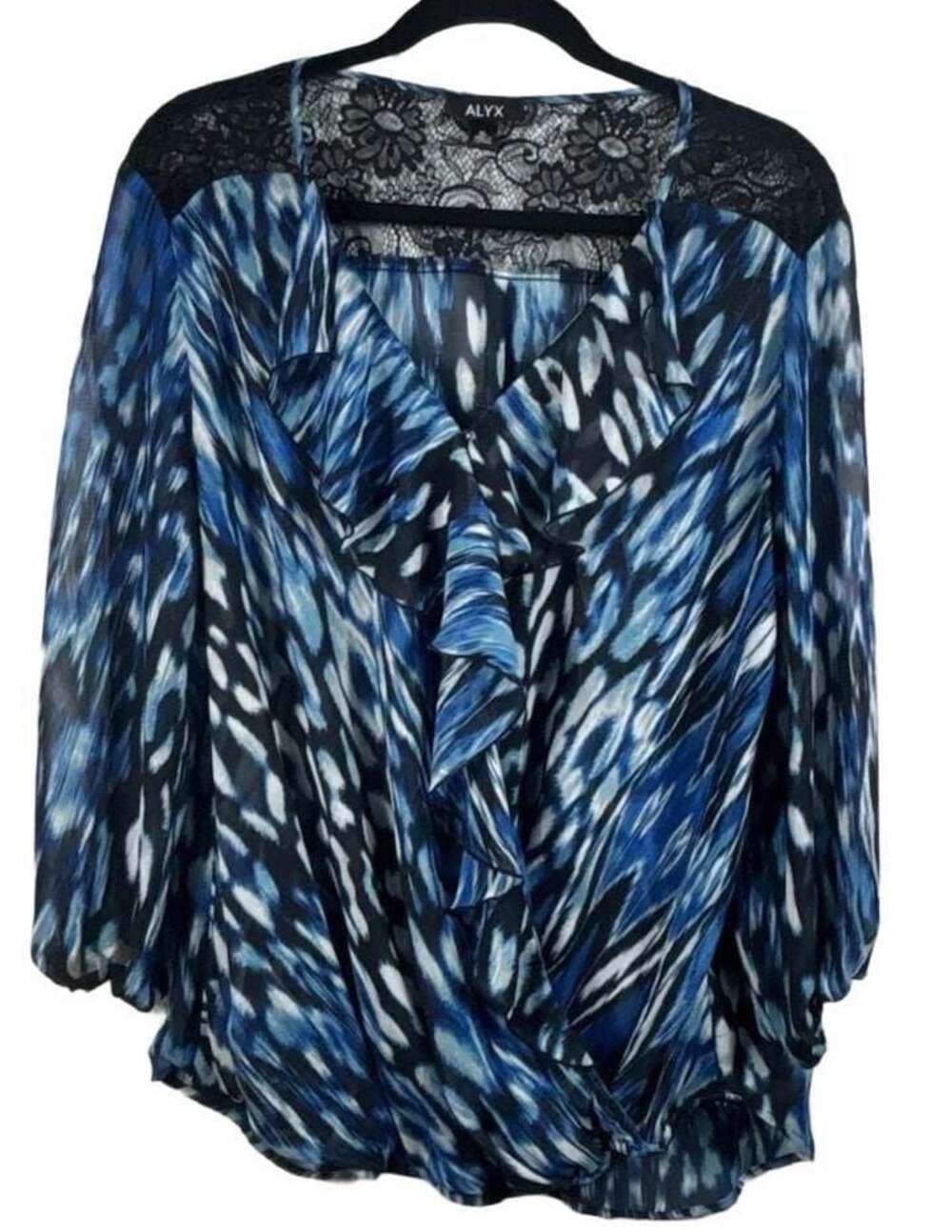 ALYX Women Blue White Black Print Chiffon Ruffle V-Neck Lace Yoke Top S XL